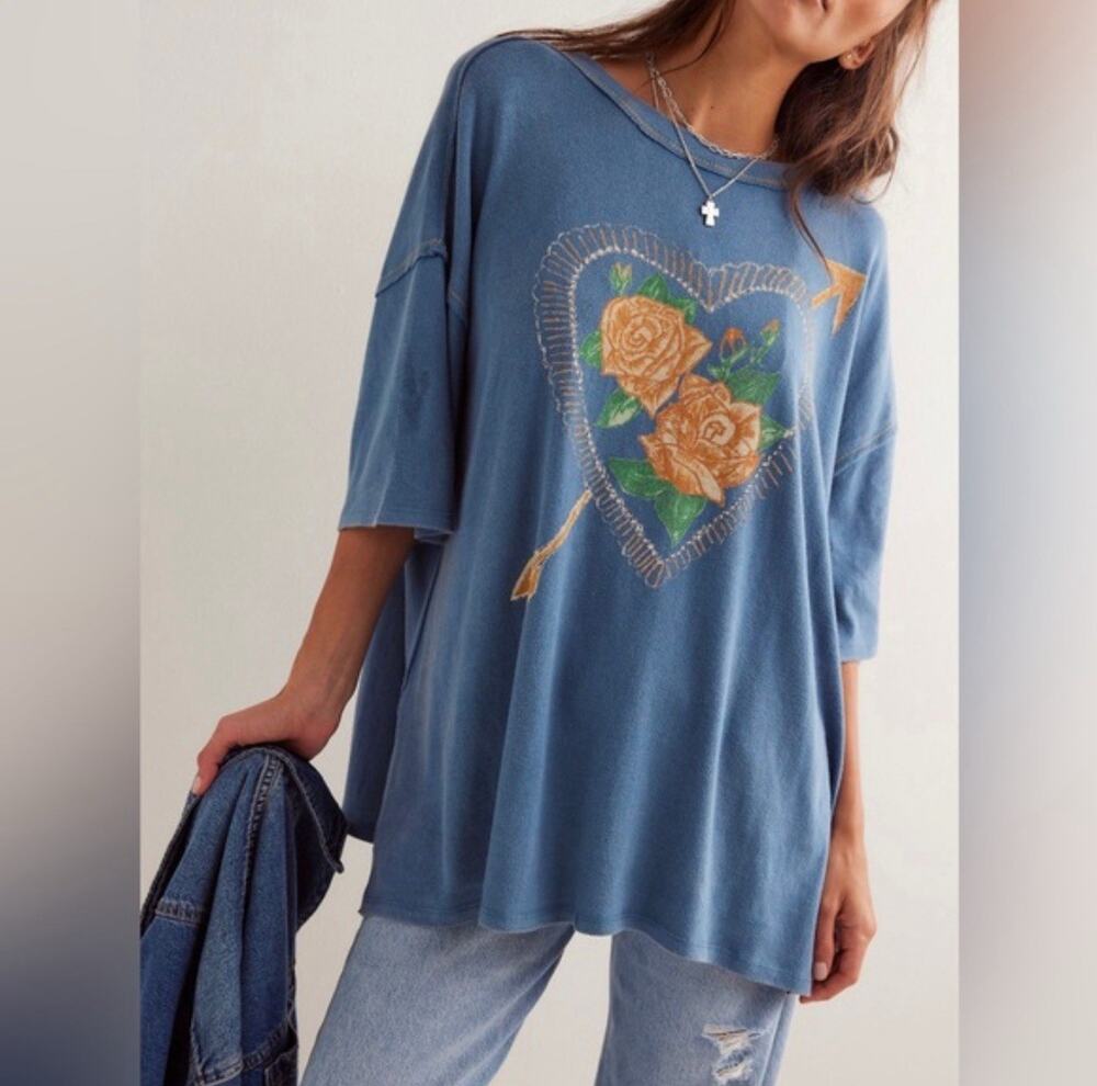FP We the Free Love Rose Tee Navy Combo Sz Small
